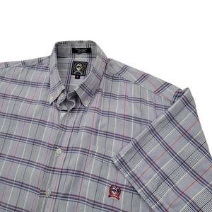 Cinch Mens Short Sleeved Button Down Shirt Sz M Blue Blue Red Plaid Pocket Logo